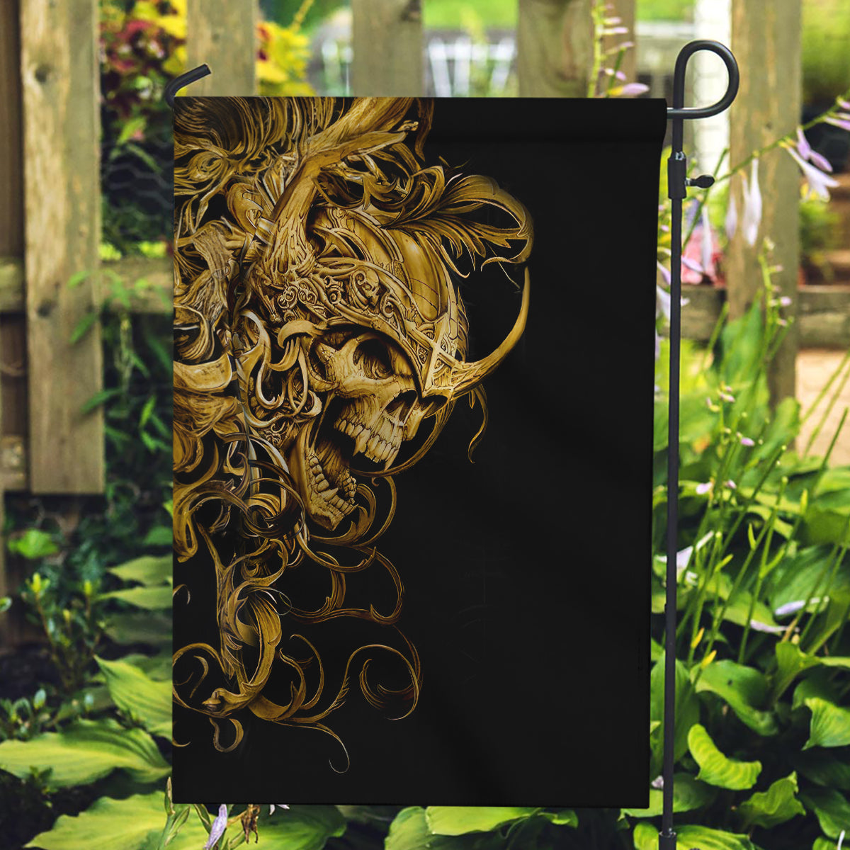 Black garden flag with golden ornate skull warrior design