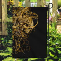 Black garden flag with golden ornate skull warrior design