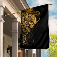 Black garden flag with golden skull warrior artwork hanging on pole