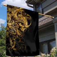 Black house flag with golden ornate skull warrior face, waving on bracket pole