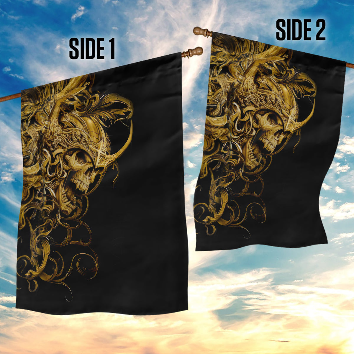 Two-sided black flag with golden skull warrior art on each side