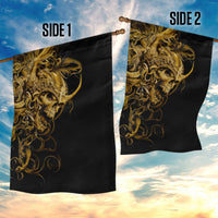Two-sided black flag with golden skull warrior art on each side