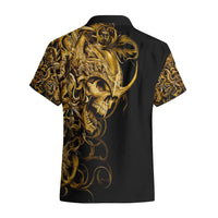 Black Hawaiian shirt with gold skull and ornate warrior back graphic