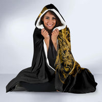 Black hooded blanket with gold skull warrior print, white sherpa-lined hood