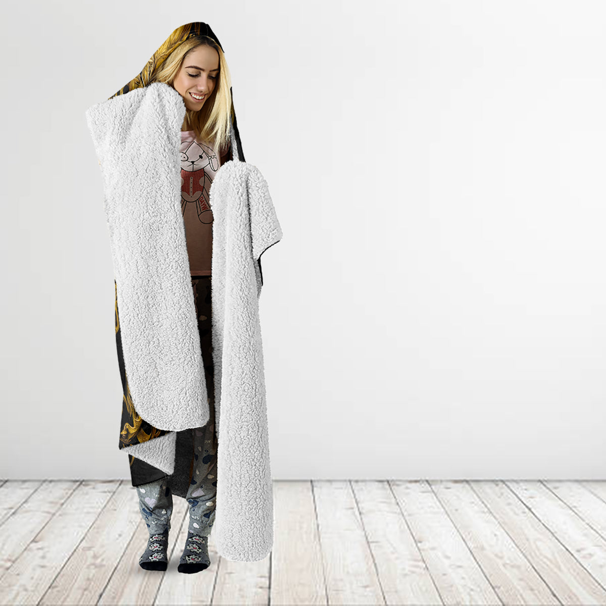 Black skull hooded blanket with gold art, hood up and full-length robe drape