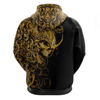 Black pullover hoodie with gold skull design and swirling filigree on back