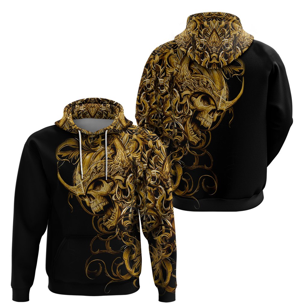 Black pullover hoodie showing front and back views with gold skull artwork