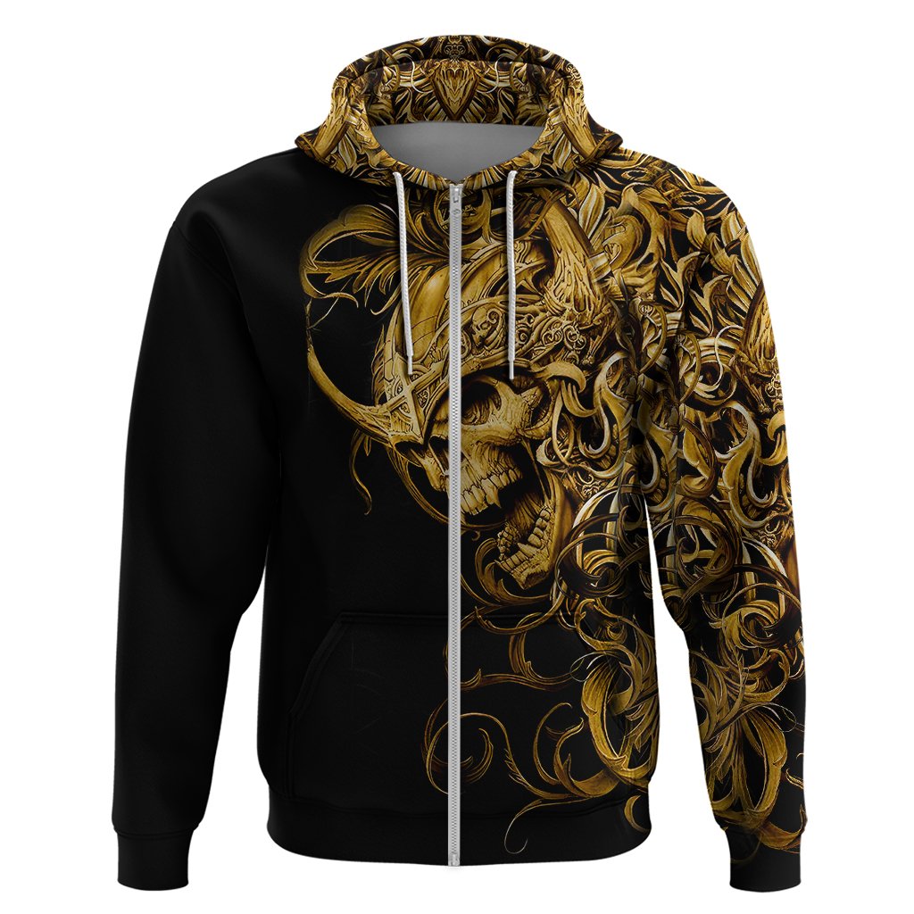 Black pullover hoodie with gold skull and ornate warrior design; visible drawstrings