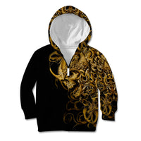 Black zip hoodie with golden skull and scroll graphic, hood up