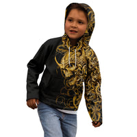 Kids black zip hoodie with golden skull scroll print, hood up and drawstrings