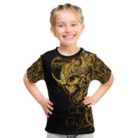 Kids black graphic skull T-shirt with gold warrior front print