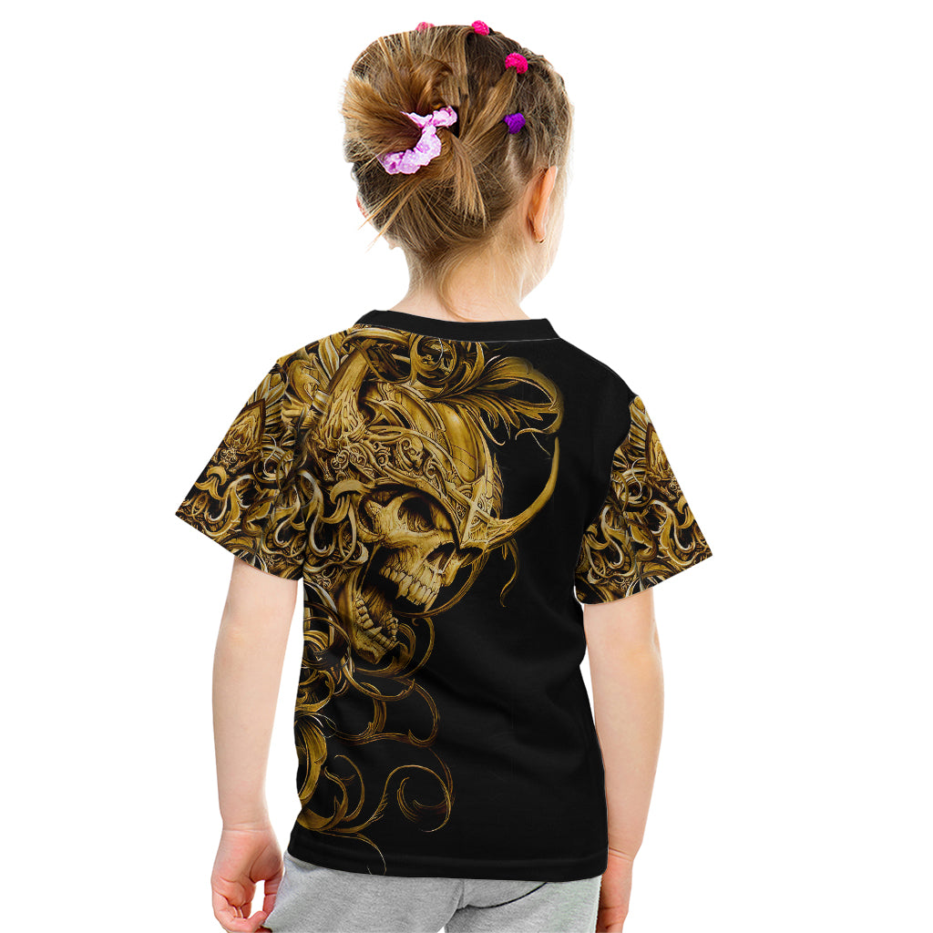 Kids black skull graphic T-shirt with gold warrior back print, short sleeves