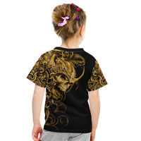 Kids black skull graphic T-shirt with gold warrior back print, short sleeves