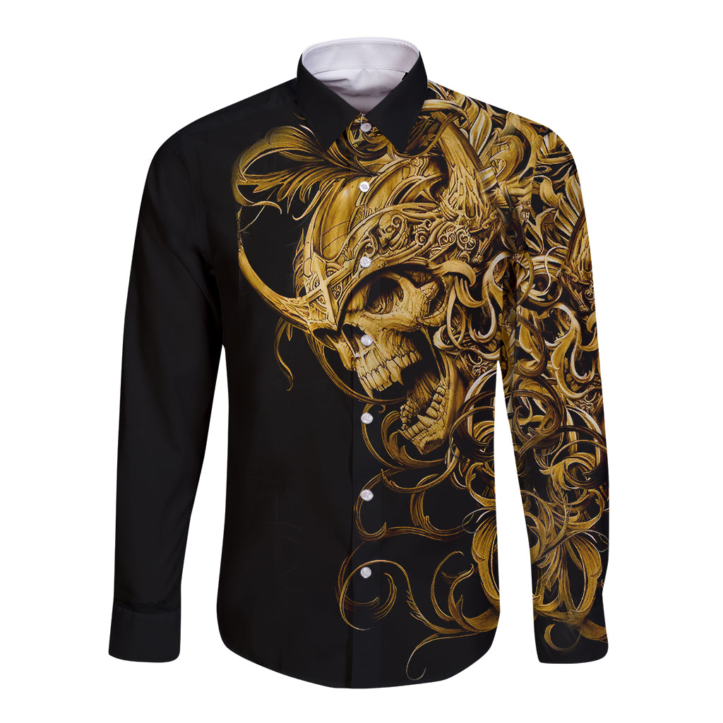 Black long-sleeve button shirt with gold skull and ornate warrior graphic