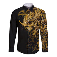 Black long-sleeve button shirt with gold skull and ornate warrior graphic