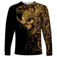 Black unisex long-sleeve shirt, gold skull warrior graphic on front