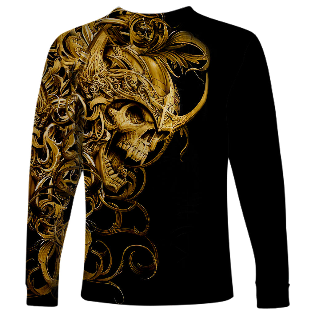 Black unisex long-sleeve shirt, gold skull warrior graphic on back