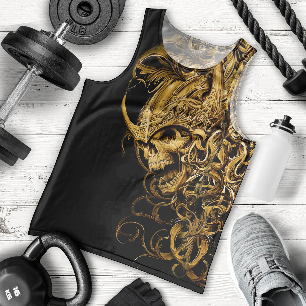 Men's black tank top with gold skull and ornate warrior graphic, sleeveless