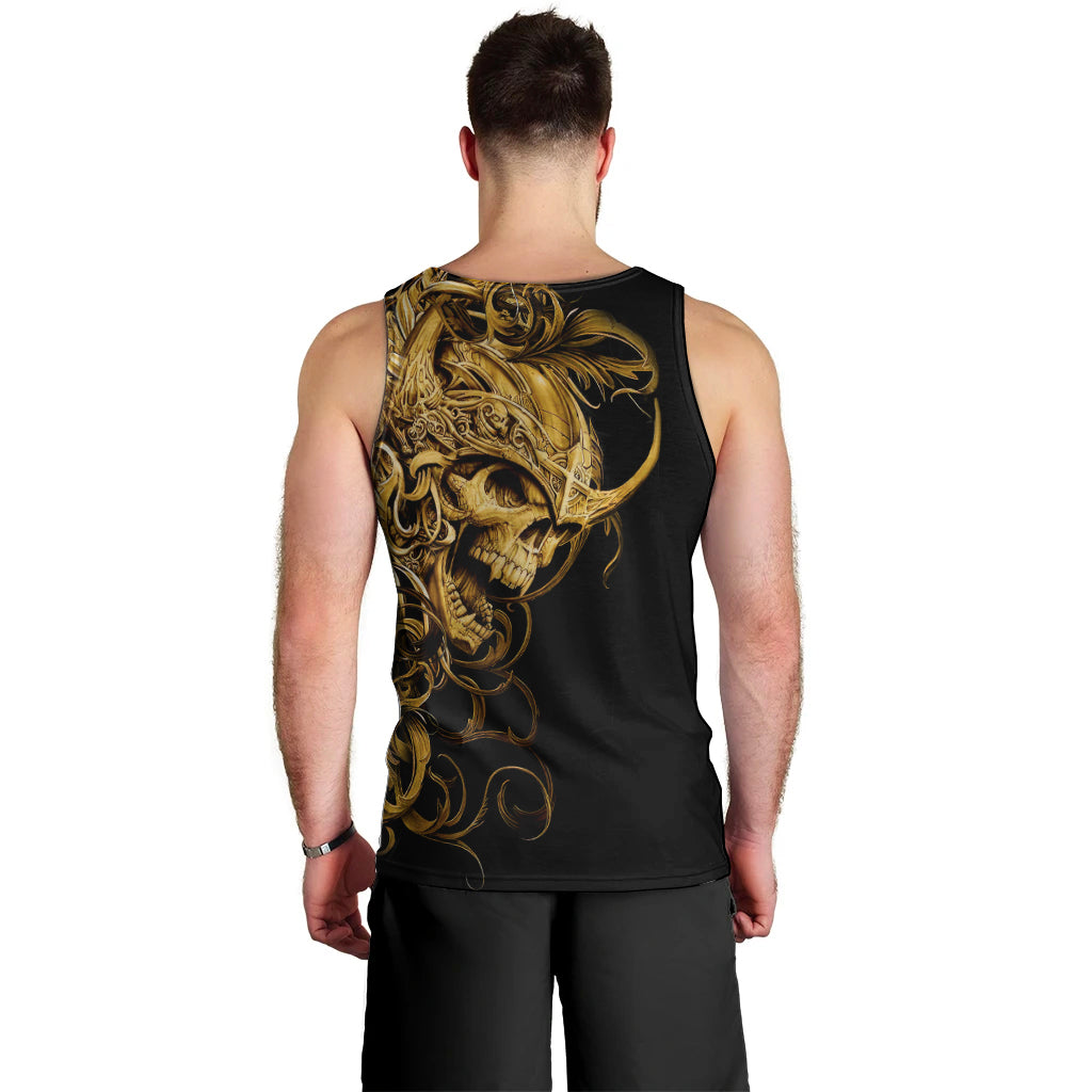 Men's black tank top with gold skull and scrollwork graphic on back, sleeveless