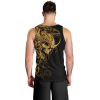 Men's black tank top with gold skull and scrollwork graphic on back, sleeveless