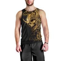 Men's black tank top featuring gold skull portrait with decorative curls, sleeveless