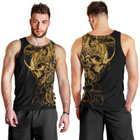 Men's black tank top with gold skull graphic, shown front and back