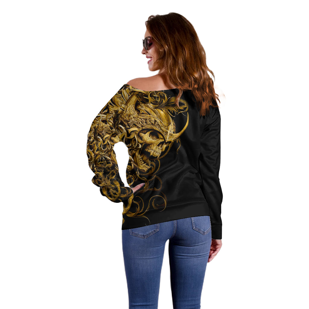 Black off-shoulder sweater with gold skull print, relaxed fit, long sleeves