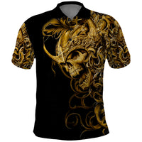 Black polo shirt with gold skull and ornate baroque print, short sleeves and collar