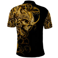 Black polo shirt with gold skull graphic on back, short sleeves and fold-over collar