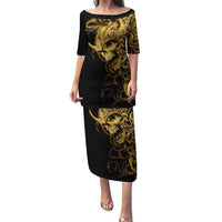 Black long dress with gold warrior skull print, short sleeves, straight neckline