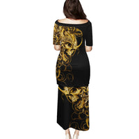Black long dress with gold skull warrior print, short sleeves, back view