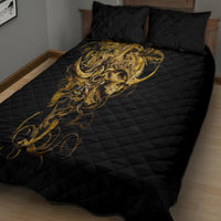 Black quilt bed set with gold skull graphic, quilted diamond pattern and two matching pillows