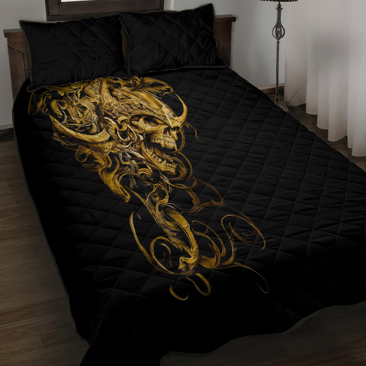 Black quilt bed set with gold skull print on quilt, diamond quilting and two included pillows