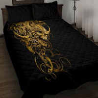 Black quilt bed set with gold skull print on quilt, diamond quilting and two included pillows