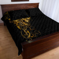 Black quilt bed set with gold skull artwork, diamond quilted comforter and two matching pillows