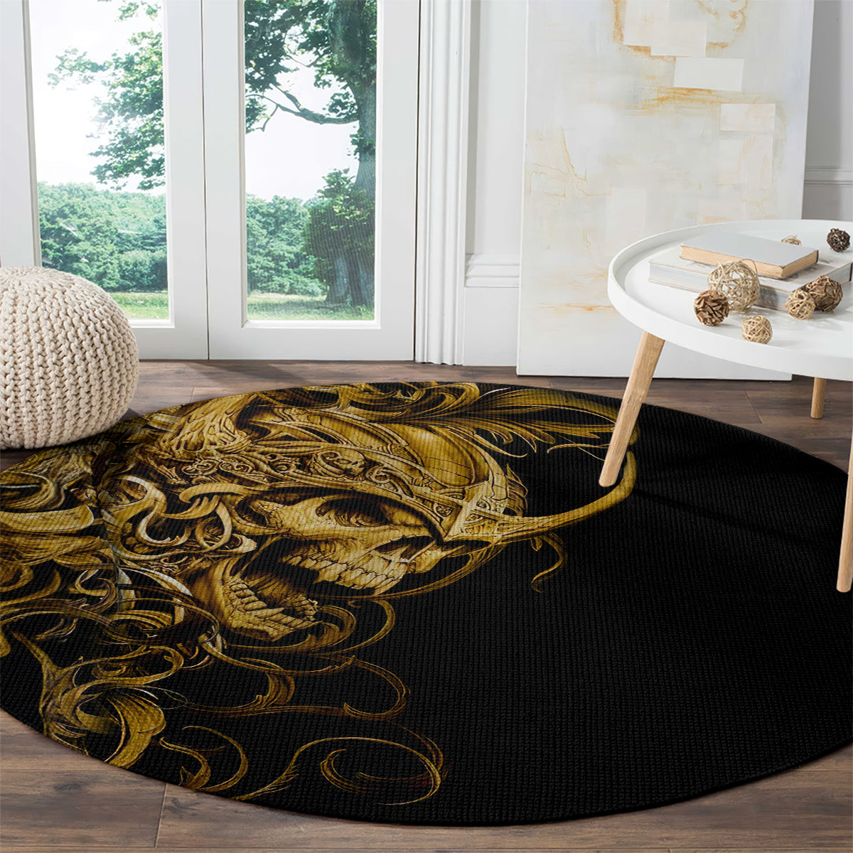 Round black rug with gold skull warrior artwork and swirling filigree accents
