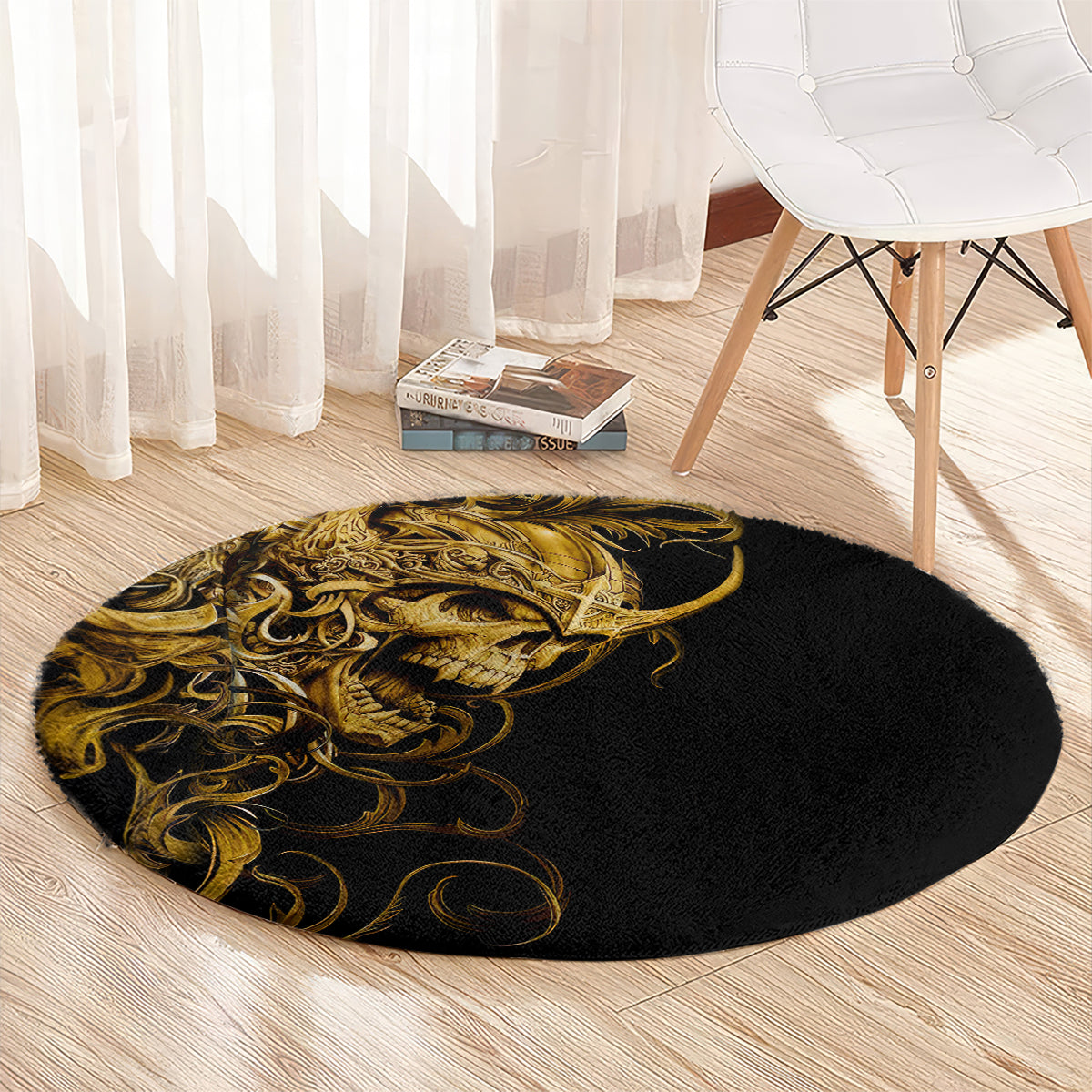 Round black rug with gold skull warrior design on ornate wave-like background
