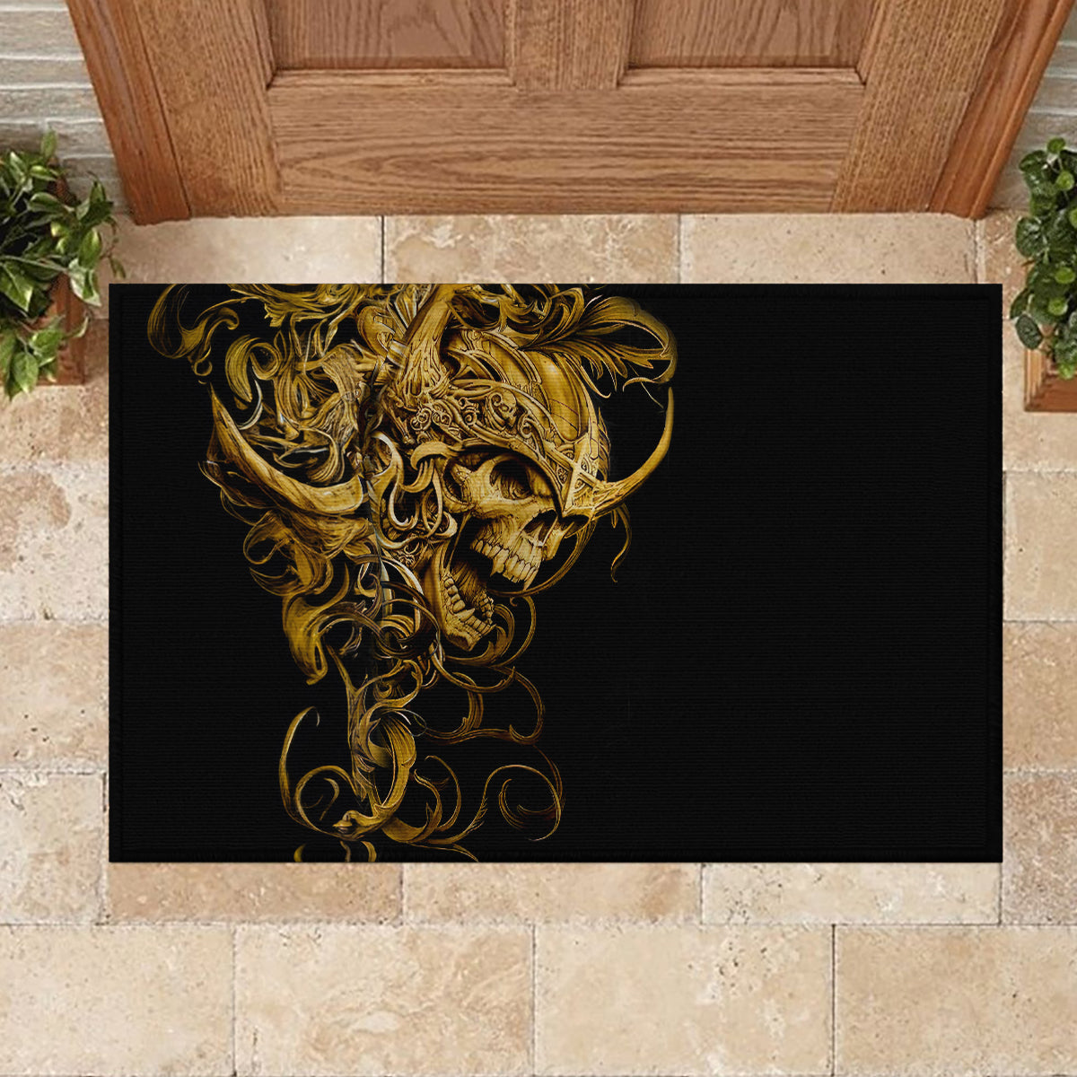 Rectangular black rubber doormat with gold skull warrior graphic centered