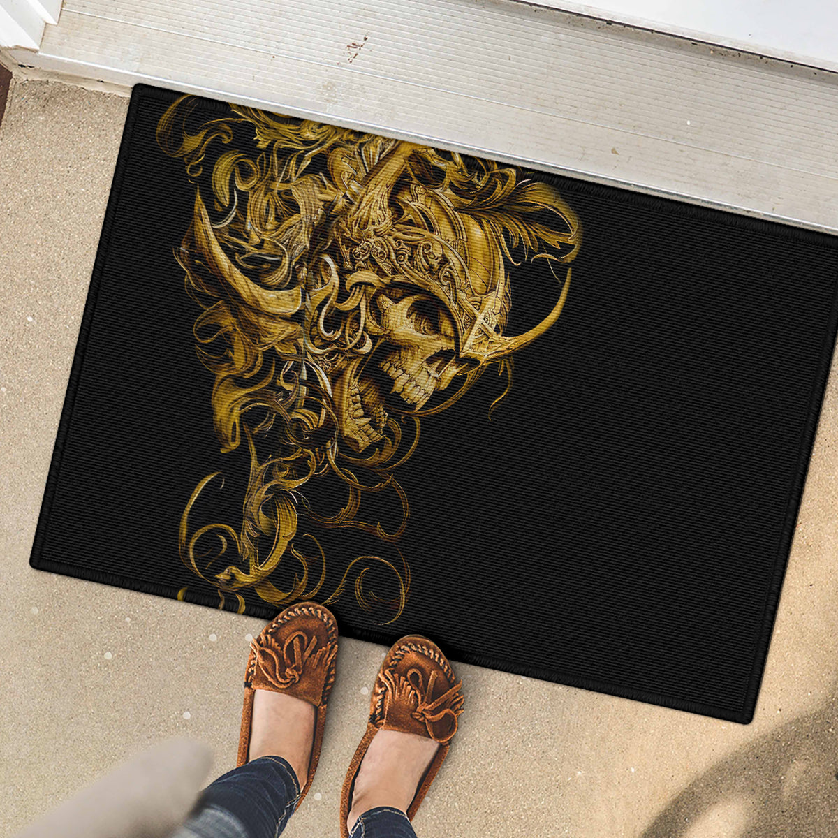 Black rubber entrance doormat with gold detailed skull warrior print