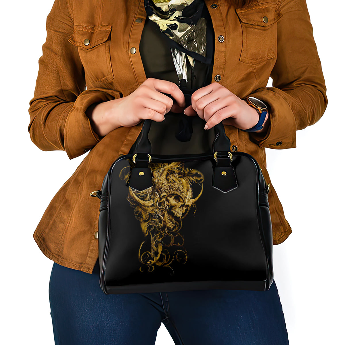 Black handbag with gold warrior crest, front view, top handles and buckles