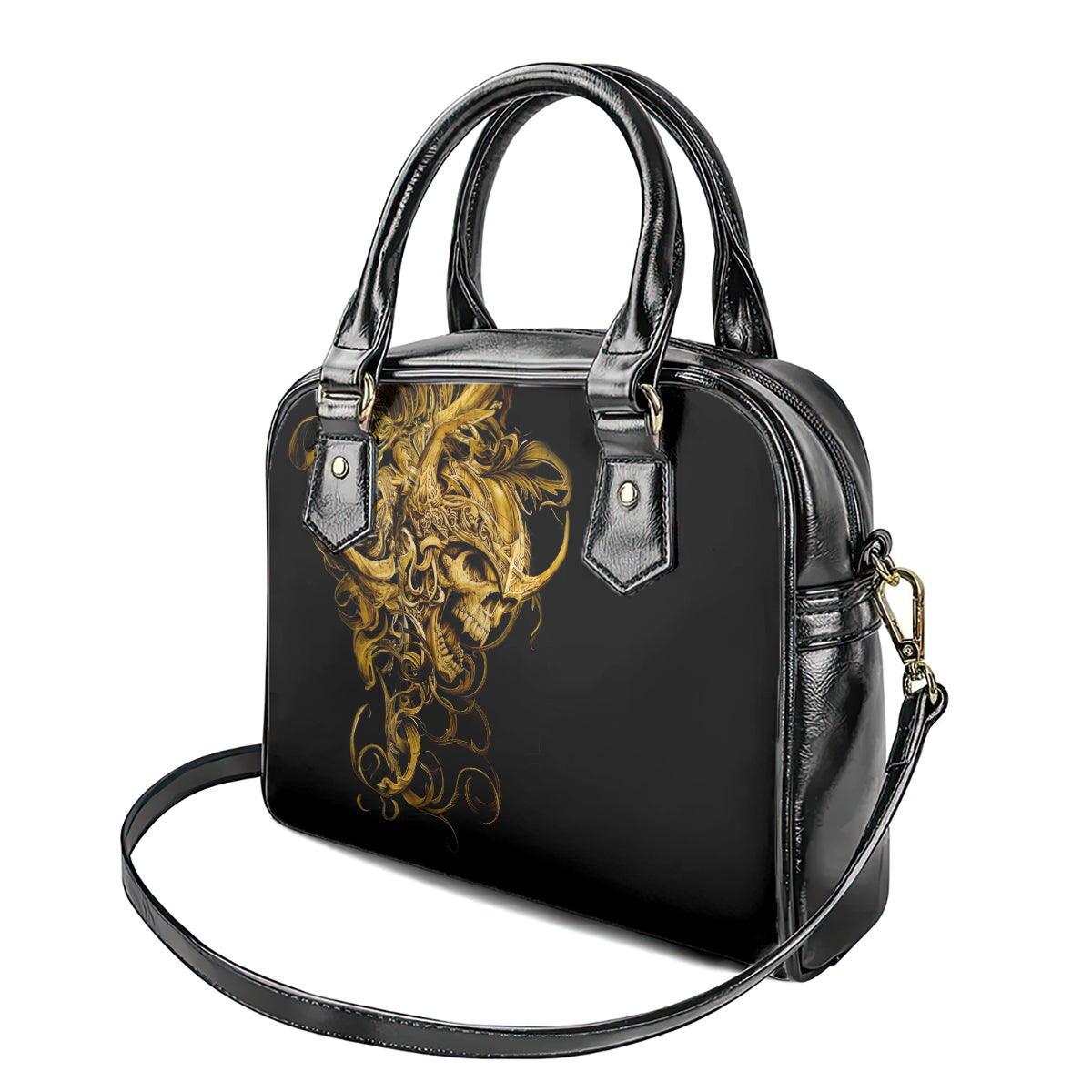 Black structured handbag with gold warrior graphic, silver-tone top handles