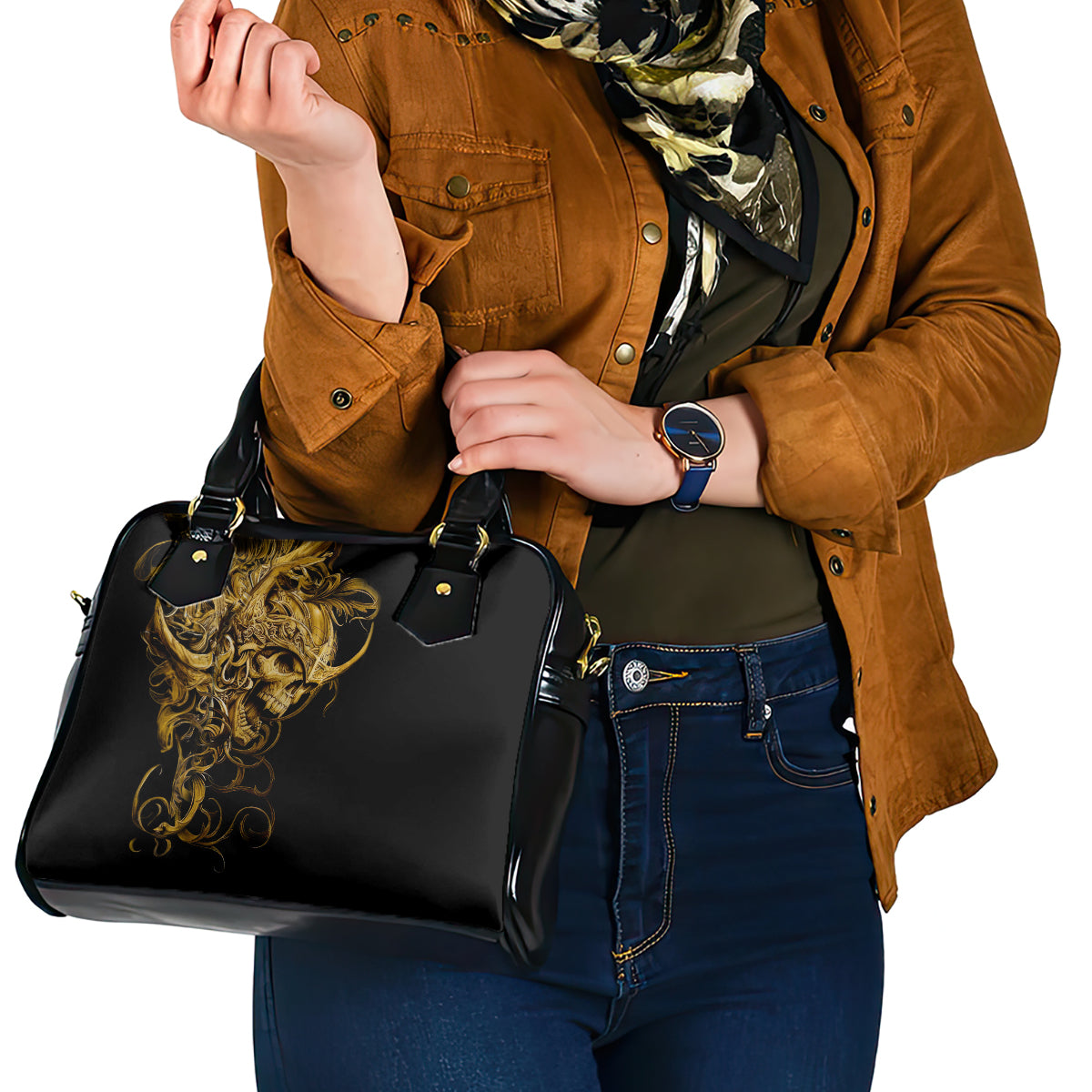 Black handbag with gold warrior emblem, front angle with shoulder strap hardware
