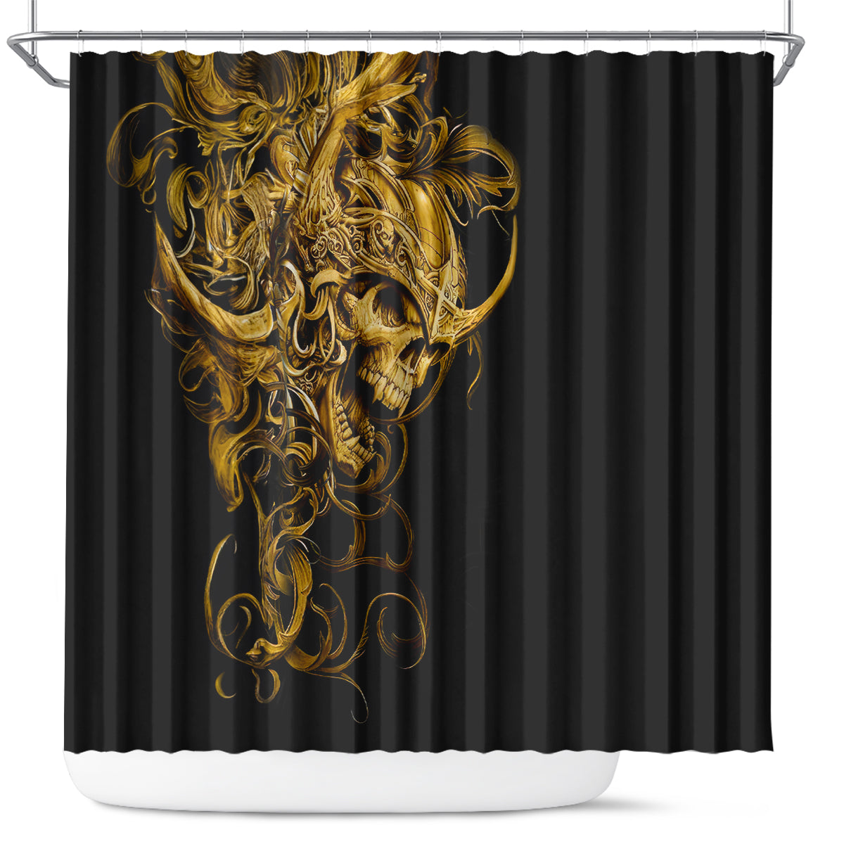 Black shower curtain with golden warrior skull graphic, decorative filigree, top hooks
