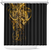 Black shower curtain with golden warrior skull graphic, decorative filigree, top hooks