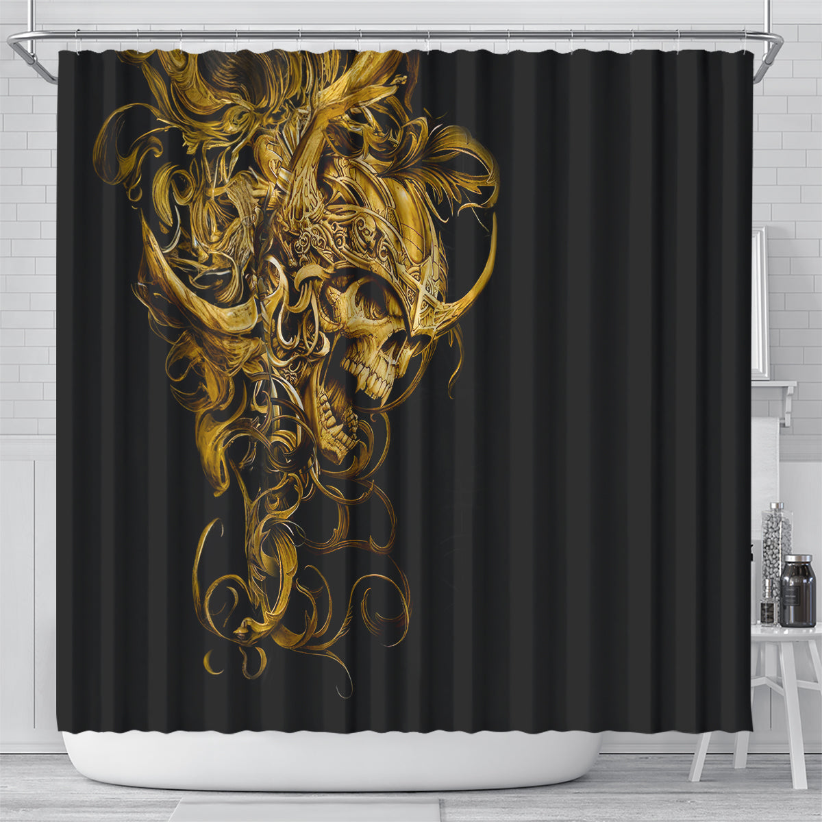 Black shower curtain featuring a large golden skull and armor artwork with swirling accents
