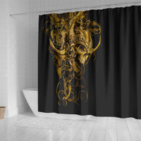 Black shower curtain with tall golden warrior skull illustration and ornate filigree details