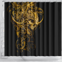 Black shower curtain with close-up golden warrior skull design and swirling ornamental lines