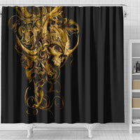 Black shower curtain panel with centered golden warrior skull artwork and decorative swirls