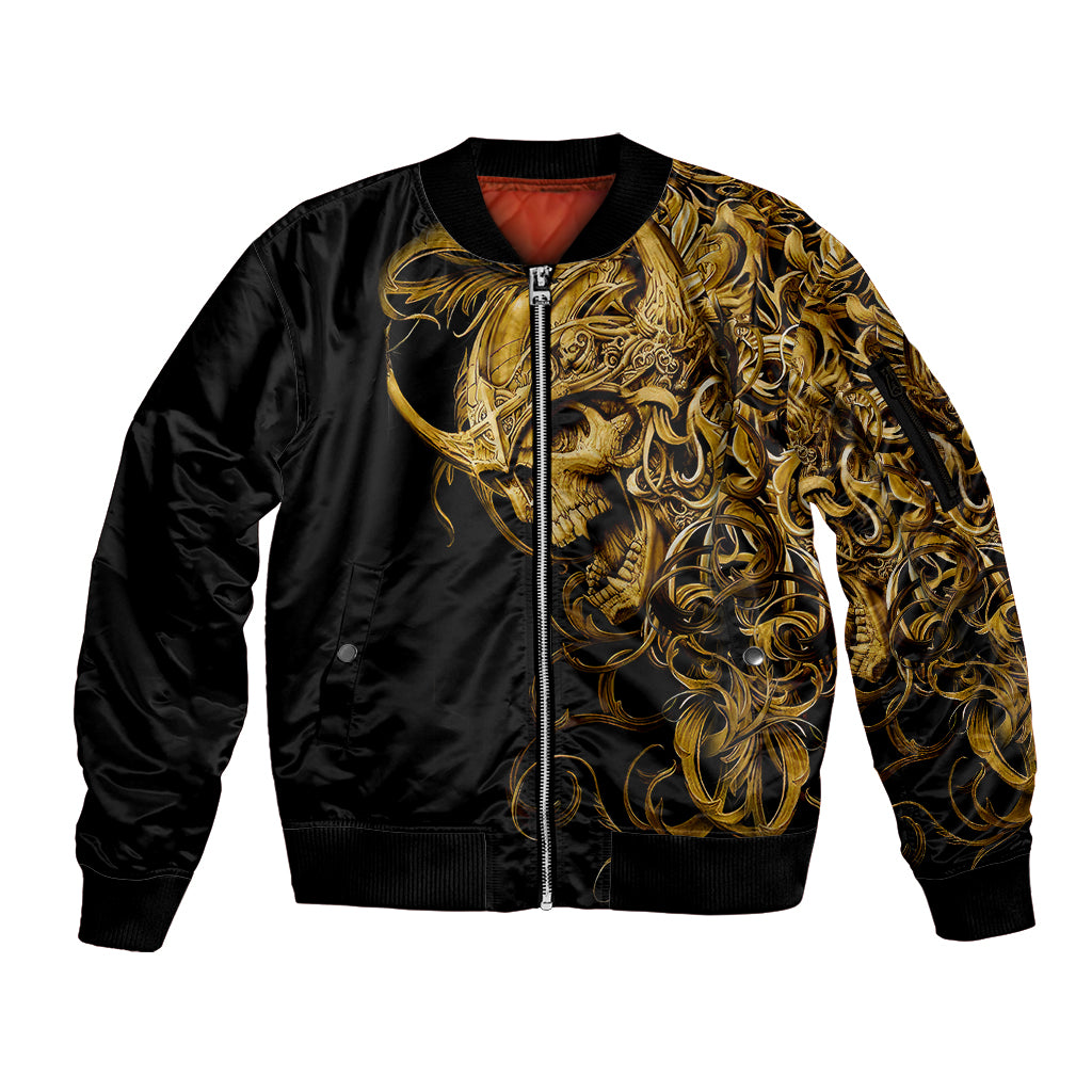 Black bomber jacket with gold skull scroll graphic, full-zip front and ribbed cuffs
