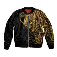 Black bomber jacket with gold skull scroll graphic, full-zip front and ribbed cuffs
